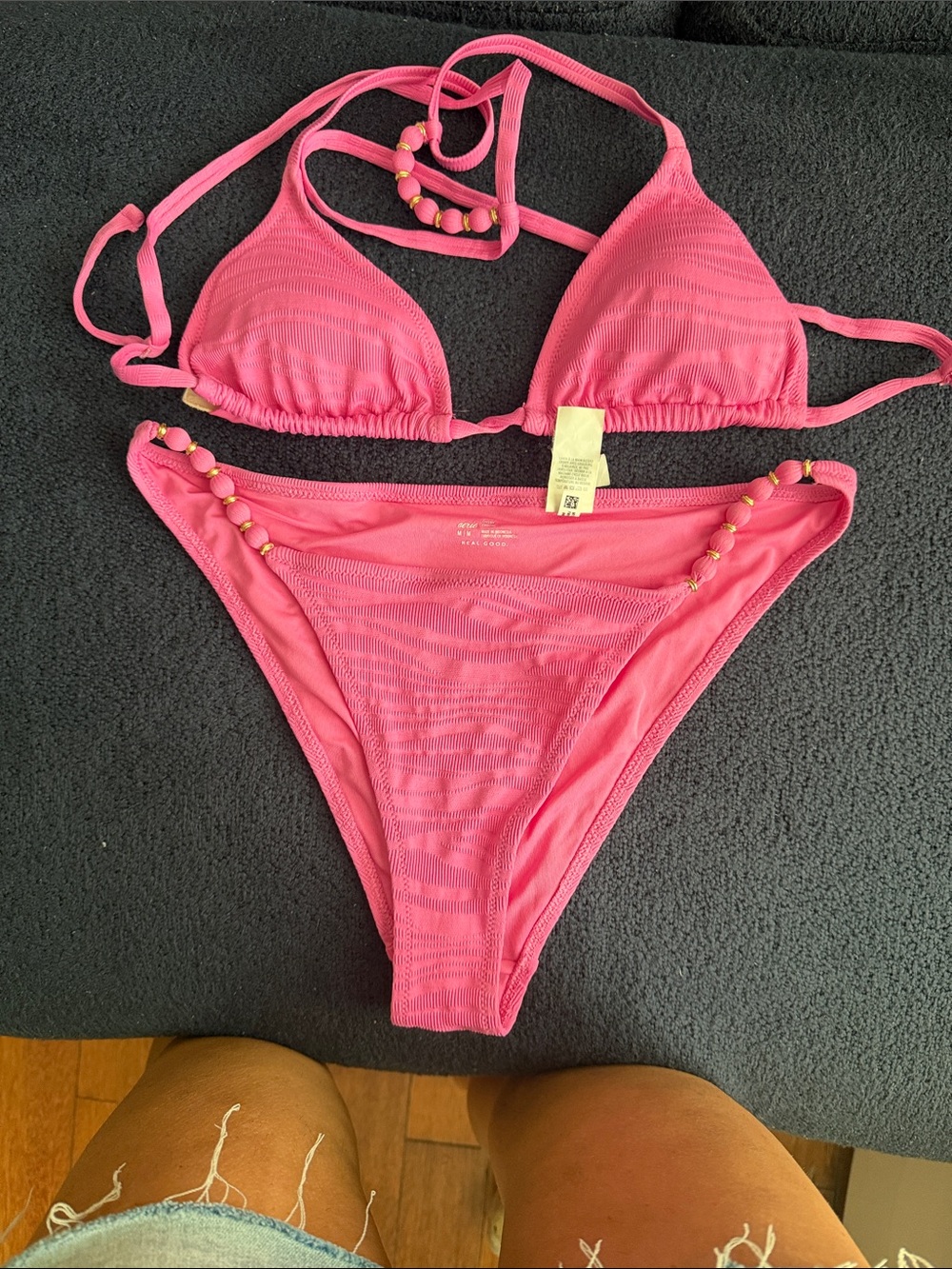 aerie Bright Pink Beaded Triangle Bikini